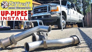 2001 F350 73  RiffRaff UpPipes Install  Stock up pipes leaking and falling apart JUNK SP [upl. by Ettigdirb]